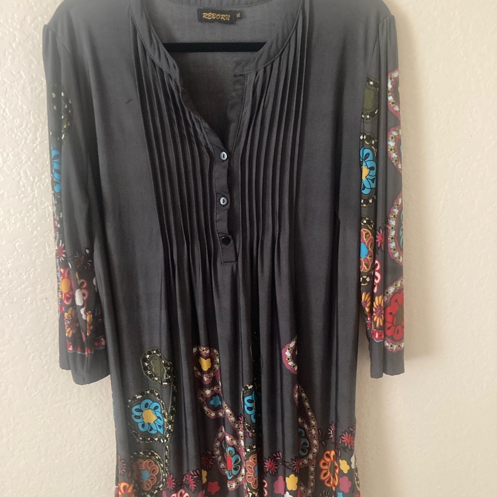 Reborn Charcoal Floral Buttoned Tunic